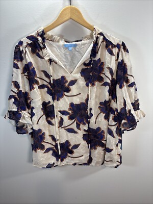 Draper James RSVP Cream Blue Floral Blouse Puff Sleeve Top Size 1X NWT Lined