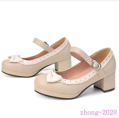 Womens Buckle Round Toe Block Heel Bow Faux Leather Lolita Dress Casual Shoes SZ - Bild 13 von 16