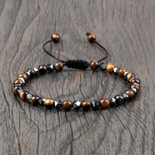 Tiger's Eye Hematite Bracelet Natural Stone Healing Faceted Round Beads Bracelet