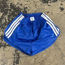 Vtg Adidas Blue Shiny Nylon Shorts Sprinter Running 80's S USA 26-30 EUC Slit