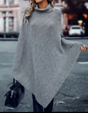 Women New Turtleneck Batwing Sleeve Button Detail Poncho Sweater Small