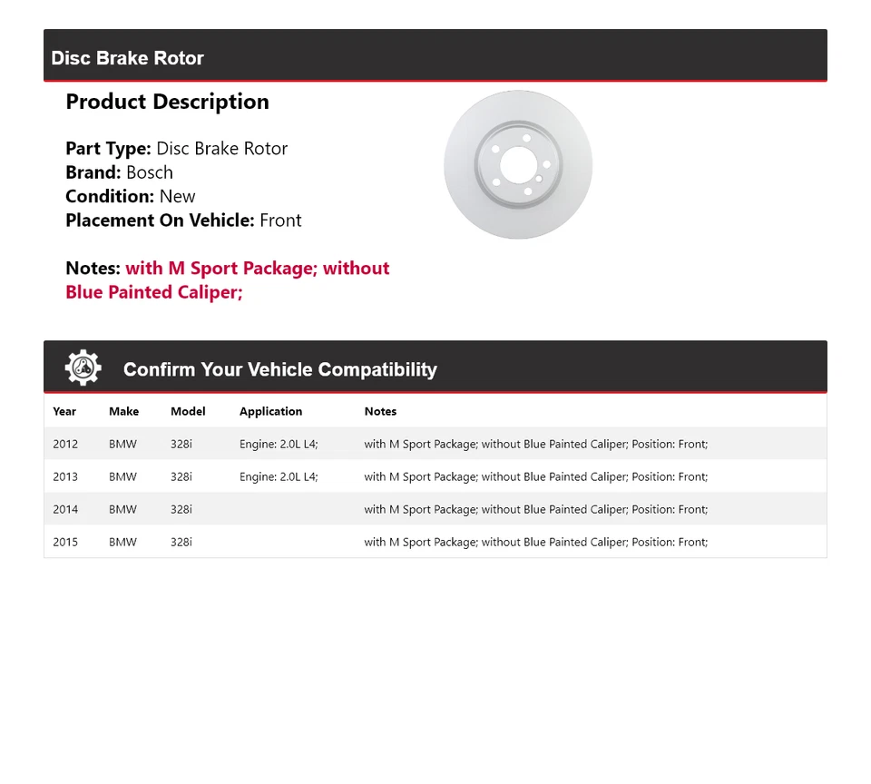 Rotor de freno de disco delantero para BMW 328i Bosch QuietCast 2012-2015 2013 2014 Foto 2 de 4