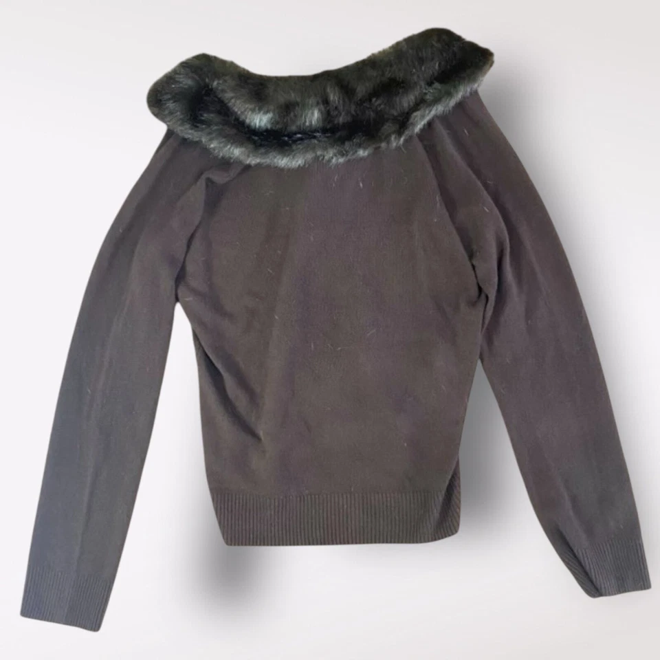 White Stag Vintage Brown Faux Fur V Neck Sweater Size L y2k Indie neutral - Image 3 of 4