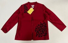Victor Costa Red Silk Open Front Embroidered Beaded Jacket Size L