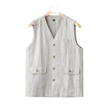 Men Linen Vest Loose Casual Single-Breasted Vest Jacket V-Neck Sleeveless