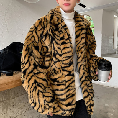 Men's Faux Fur Tiger Pattern Coat Winter Jacket Men's Fashion