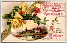 1910 Wishing You A Happy Birthday Landscape Yellow And Red Roses Posted Postcard