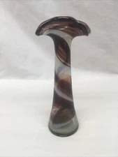 Vintage Hand Blown Glass Vase  Stretched Top  Amethyst Purple Swirl, 6.75" Tall