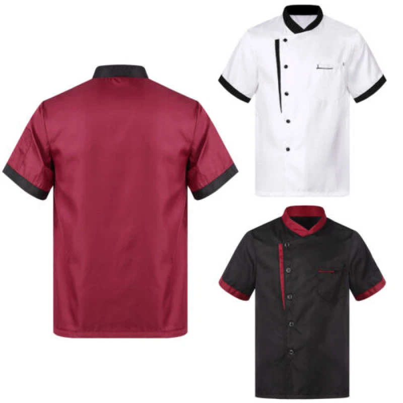 Abrigo de chef para hombre uniforme manga corta chaqueta de cocinero restaurante cocina ropa de trabajo top Foto 2 de 4