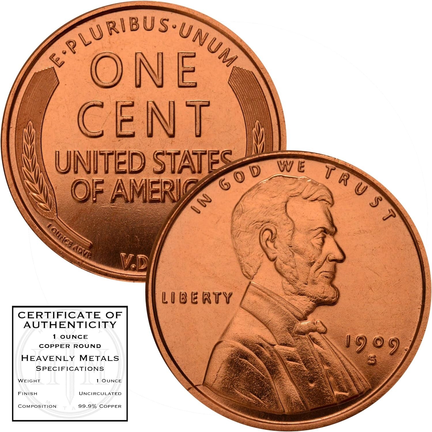 Lincoln Wheat Cent 1909 S VDB Design Coin 1 oz Pure .999 Copper