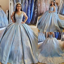 Light Blue Satin Quinceanera Dresses V-Neck Sweet 15 16 Pageant Prom Ball Gowns