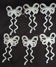 White Glitter Bows Christmas Tree Ornaments Decor Set of 6 Hard Plastic 6"