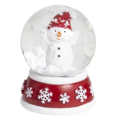 MINIUM COLLECTION Süße Mini-Schneekugel Schneemann Hände hoch auf Sockel rot weiße Schneeeflocke B