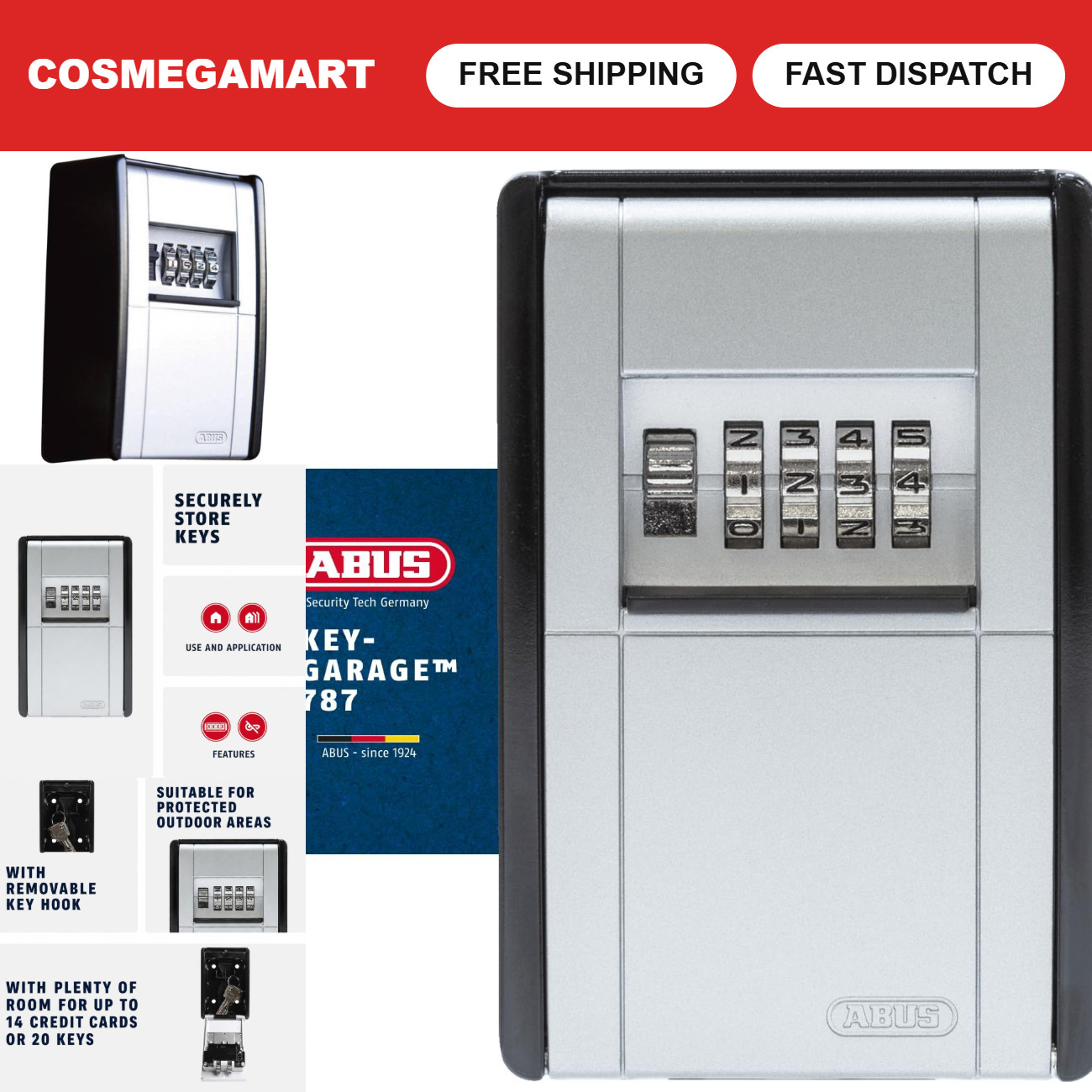 Wall-Mount Key Lock Box - 4-Digit Combination Safe for 20 Keys or 14 Cards, Meta