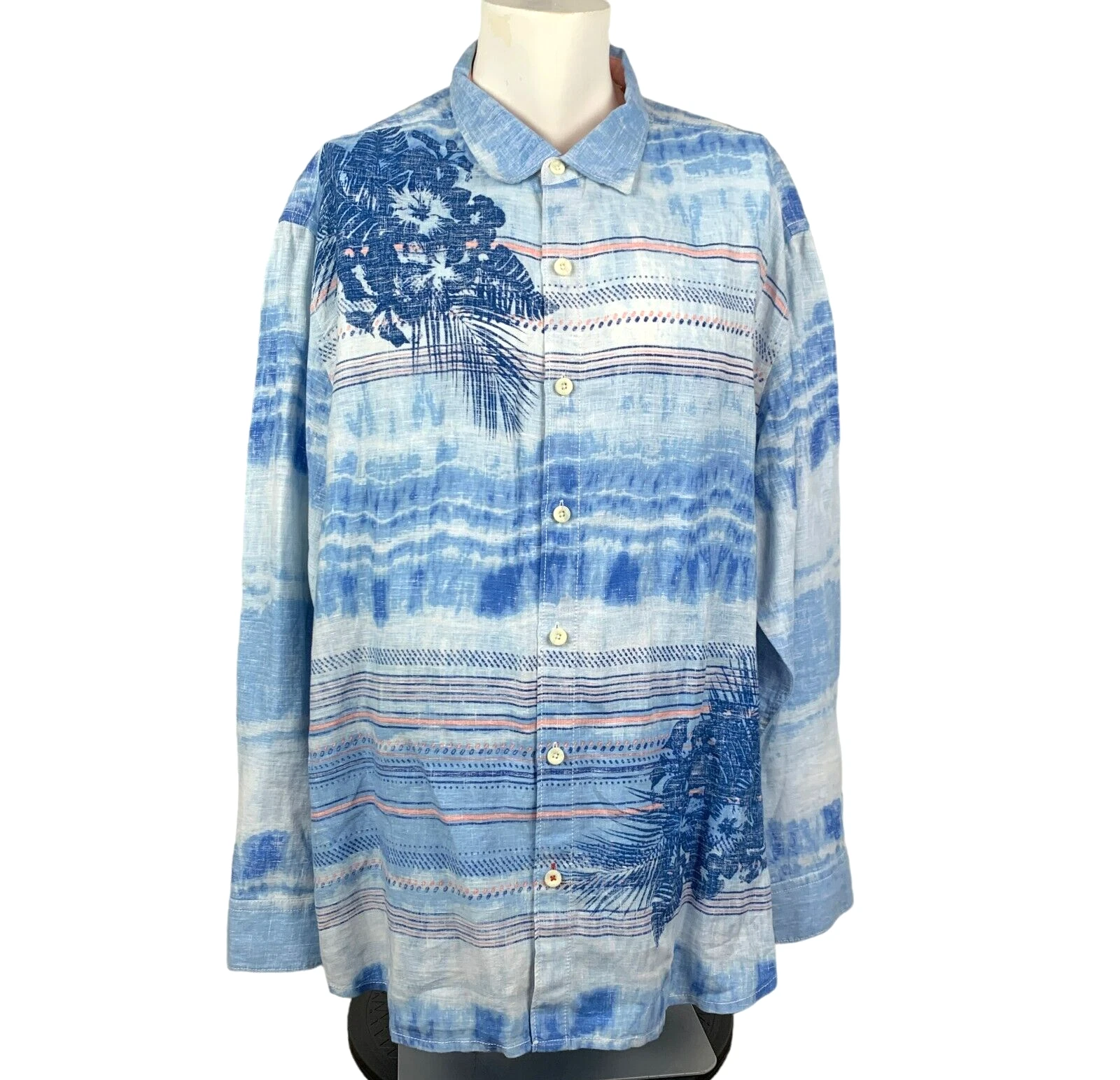 TOMMY BAHAMA RELAX Blue Linen Hawaiian Mens 3XL Button Up Long Sleeve Shirt EUC