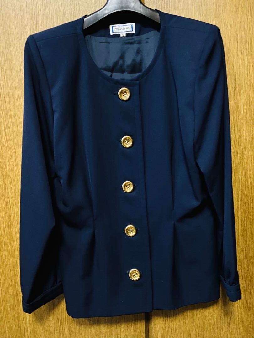 Yves Saint Laurent Navy Collarless Jacket with Gold Buttons
