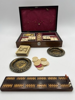 Antique mother of pearl Games Compendium Box poker chips cards dominoes cribbage