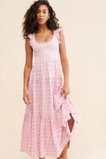 LoveShackFancy Chessie Maxi Dress Pink Floral Ruffle Tiered Smocked Cotton Sz L