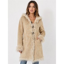 Bebe Vintage Penny Lane Y2K Faux Suede Fur Hooded Coat Size Small Tan Beige