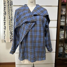 USED RARE ISSEY MIYAKE CHECK SHIRT IN OVERSIZED, ASYMMETRICAL BLUE GOOD