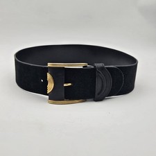 VINTAGE Wide Black Leather Suede BELT 80s Gold Colored Buckle Women's Medium