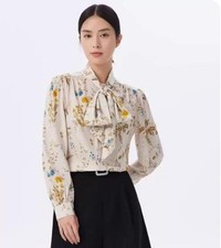Summer Women's tie Long Sleeve Faux Silk Shirt Tops Floral pleated design Tops	