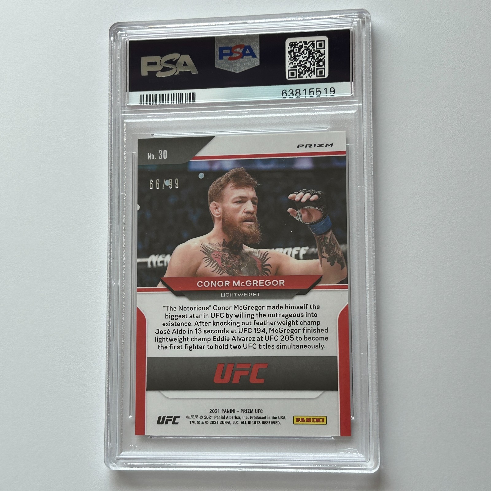Conor McGregor 2021 Panini Prizm UFC Premium Scope Prizm Card 66/99 #30 PSA 10 view 3