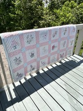Hand Made Pink and White Patchwork Quilt 72x94 embroidered 48 State Flowers
