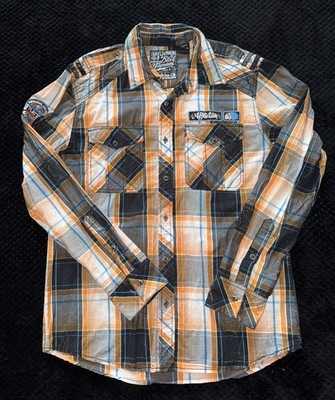 Affliction Mens Yellow Premium Plaid Button Up Y2K Shirt Slim Size XLarge