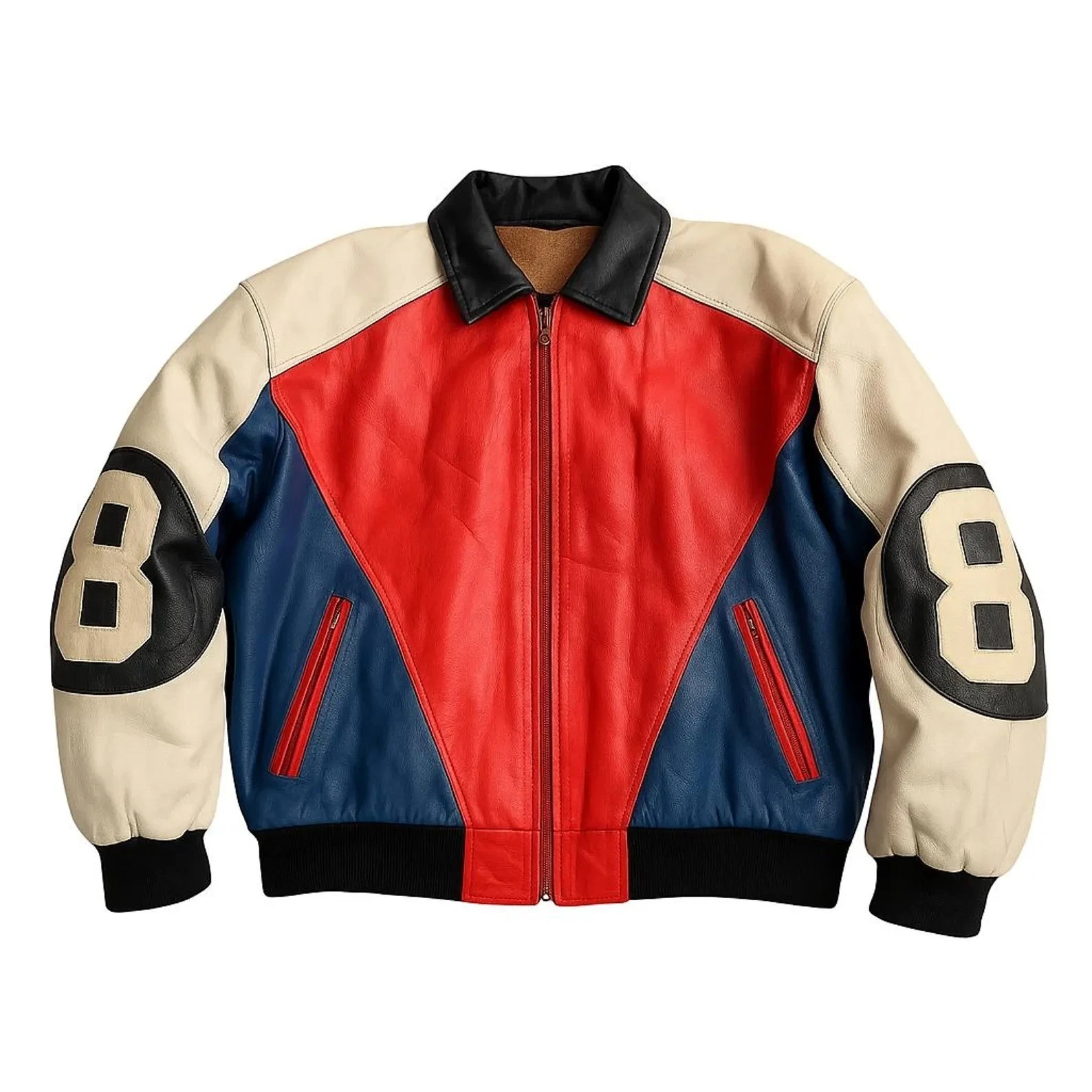 Men’s Multi Colour Leather Bomber Jacket Number 8 Varsity Style Custom S–6XL
