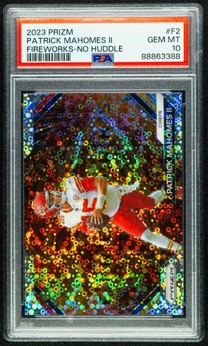 PSA 10 2023 PANINI PRIZM PATRICK MAHOMES II FIREWORKS "NO HUDDLE" HOLO LOW POP!