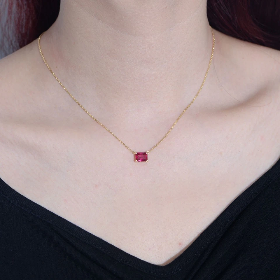 3.15 Ct Emerald Cut Natural Ruby Solitaire Pendant Necklace 14K Yellow Gold - Image 3 of 4