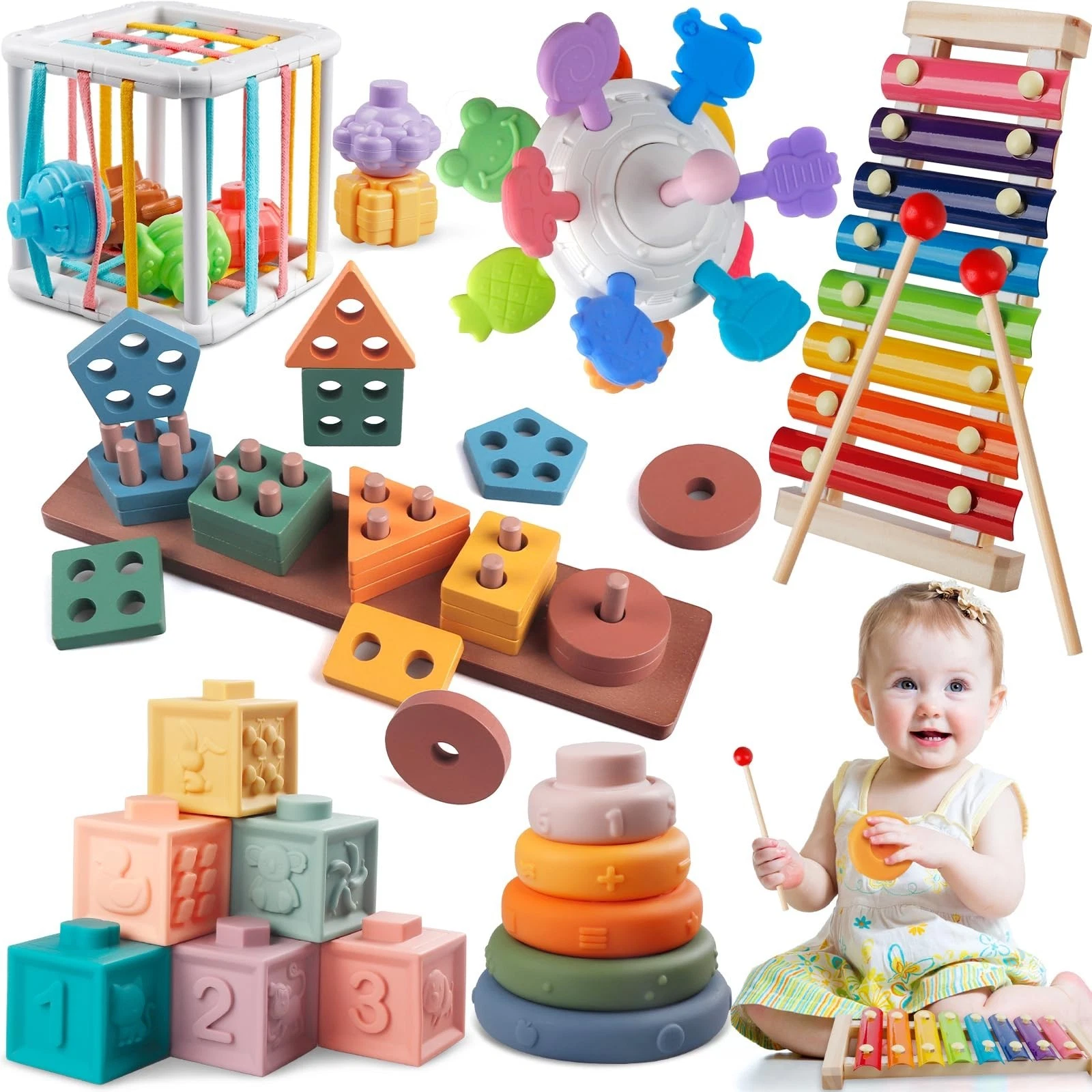 6-in-1 Montessori Baby Toys for 1 Year Old, Sensory Teething, Stacking Blocks, S
