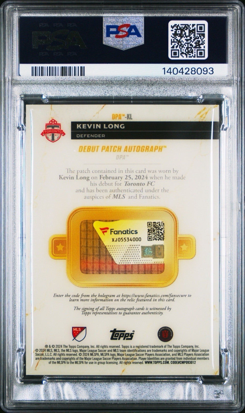 Kevin Long 2024 Topps Finest MLS Debut Patch 1/1 Best Card PSA 10 view 2