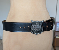 VTG 80s Dark Brown Top Grain Cow Hide Belt w/ 1980 USA Olympics Belt Buckle 36