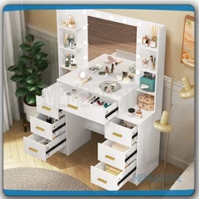 Large 110cm Makeup Vanity Table With Lighted Mirror Dressing Desk w/ 8 Shelves