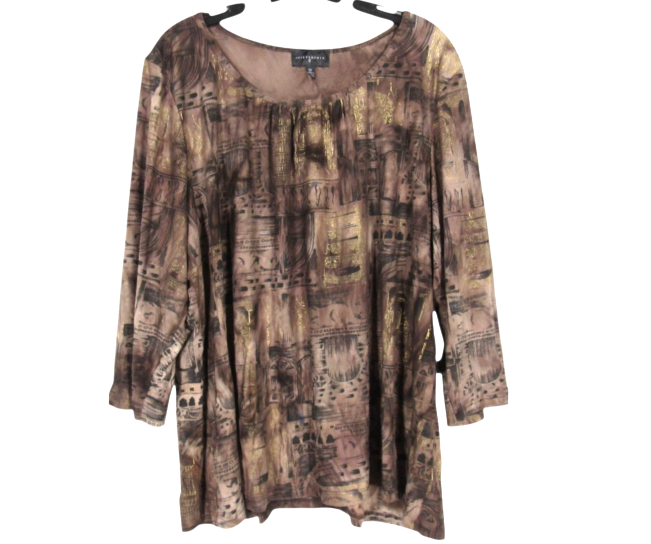 INVESTMENTS II Brown/Metallic STRETCH KNIT Abstract Print PLEATED Blouse/Top 3X