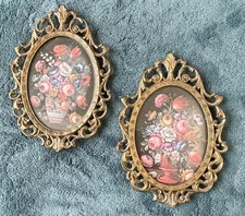 TWO BEAUTIFUL VINTAGE FLORAL PRINTS IN DECORATIVE METAL FRAMES MADE IN ITALY    