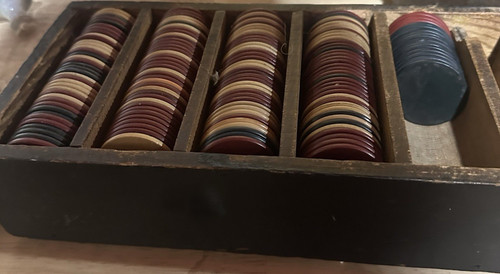 Vintage Wooden Tray/Box Mixed Assorted Casino Poker Chips Set Lot