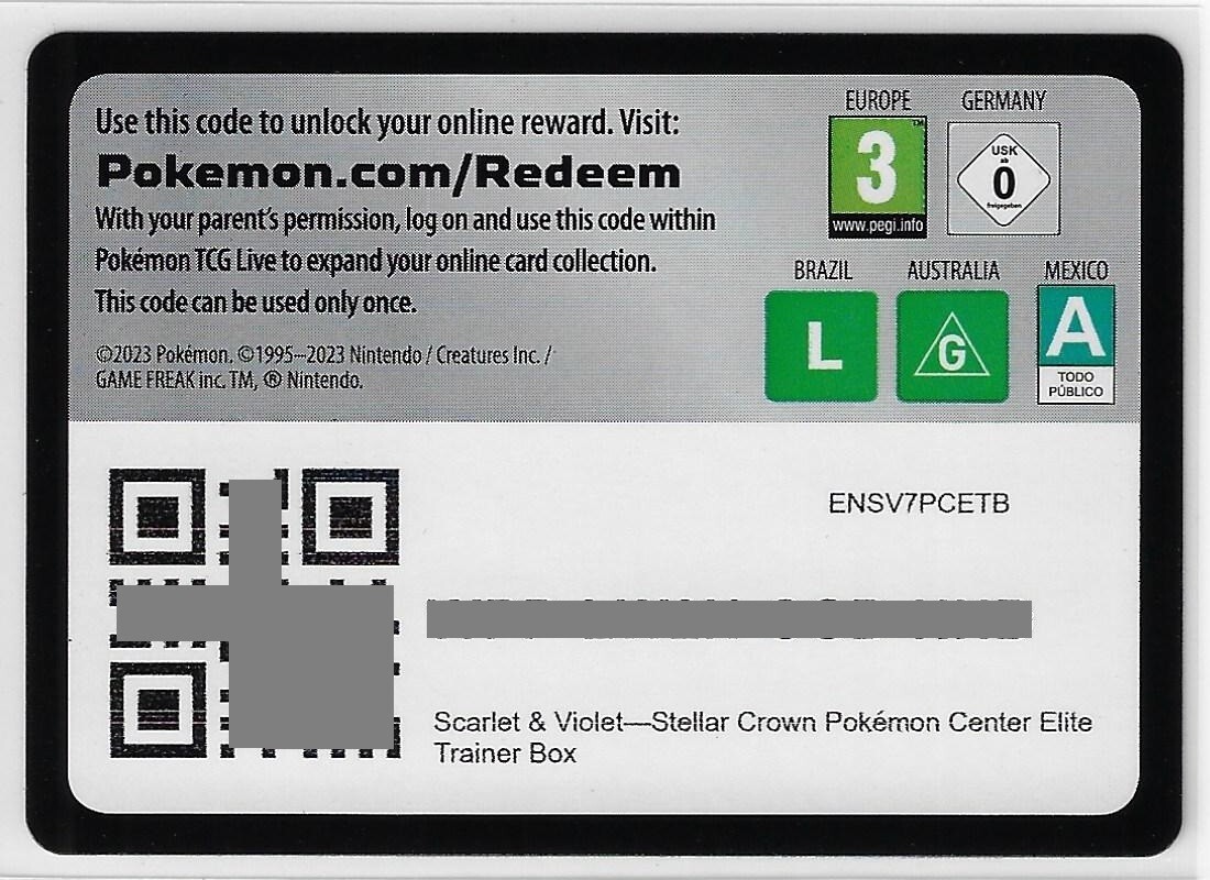 POKEMON PTCGO S&V Stellar Crown UNUSED Pokemon Center ETB