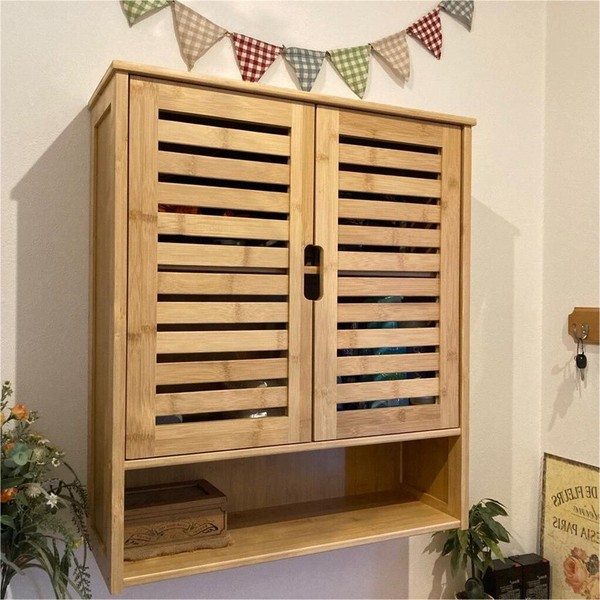 HäNgeschrank KüChenschrank Badschrank Wandschrank Bambus 2 TüR Badezimmerschrank-image