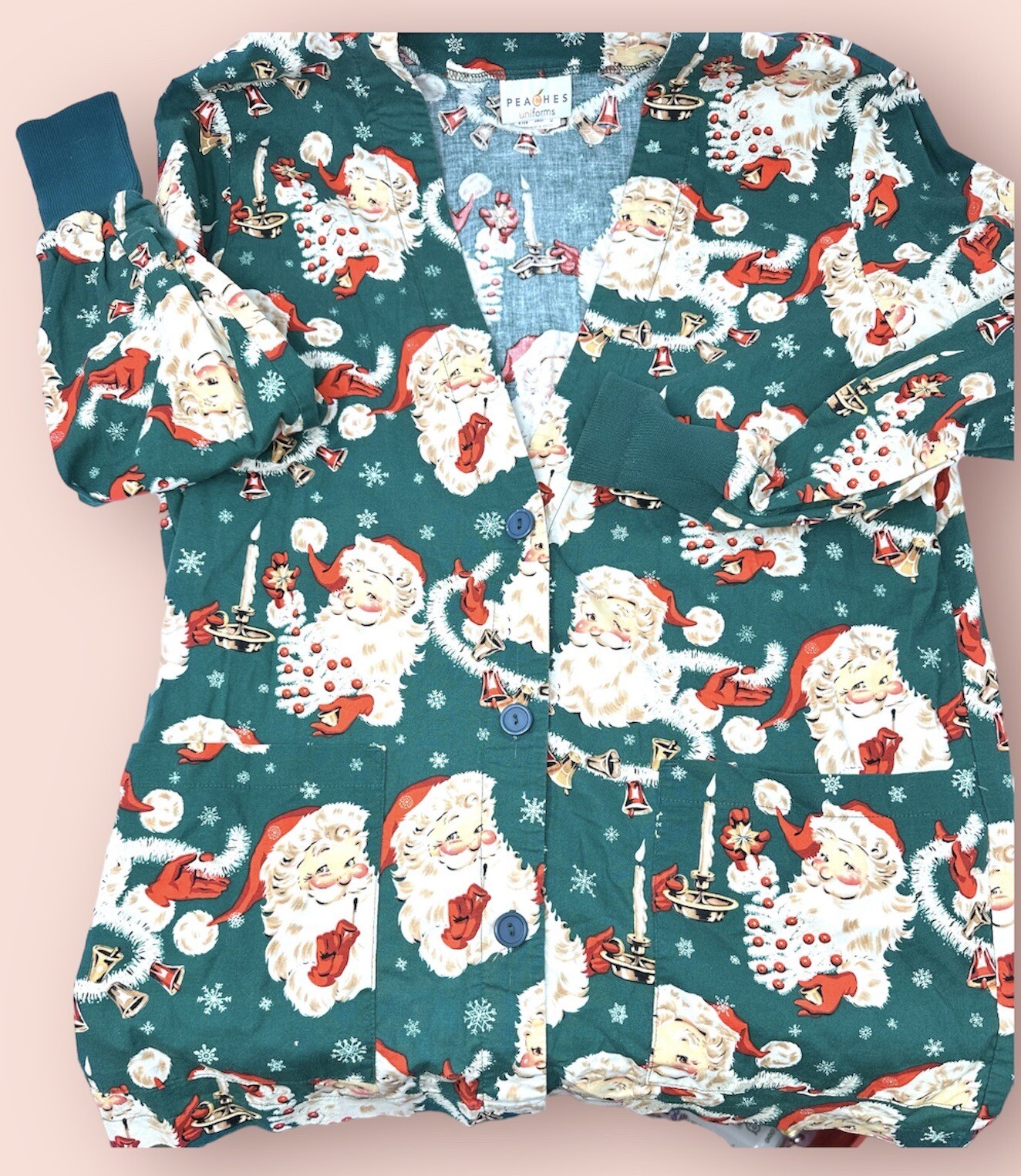 Green Santa Scrub Jacket by Peaches Button Up Pockets… Gem