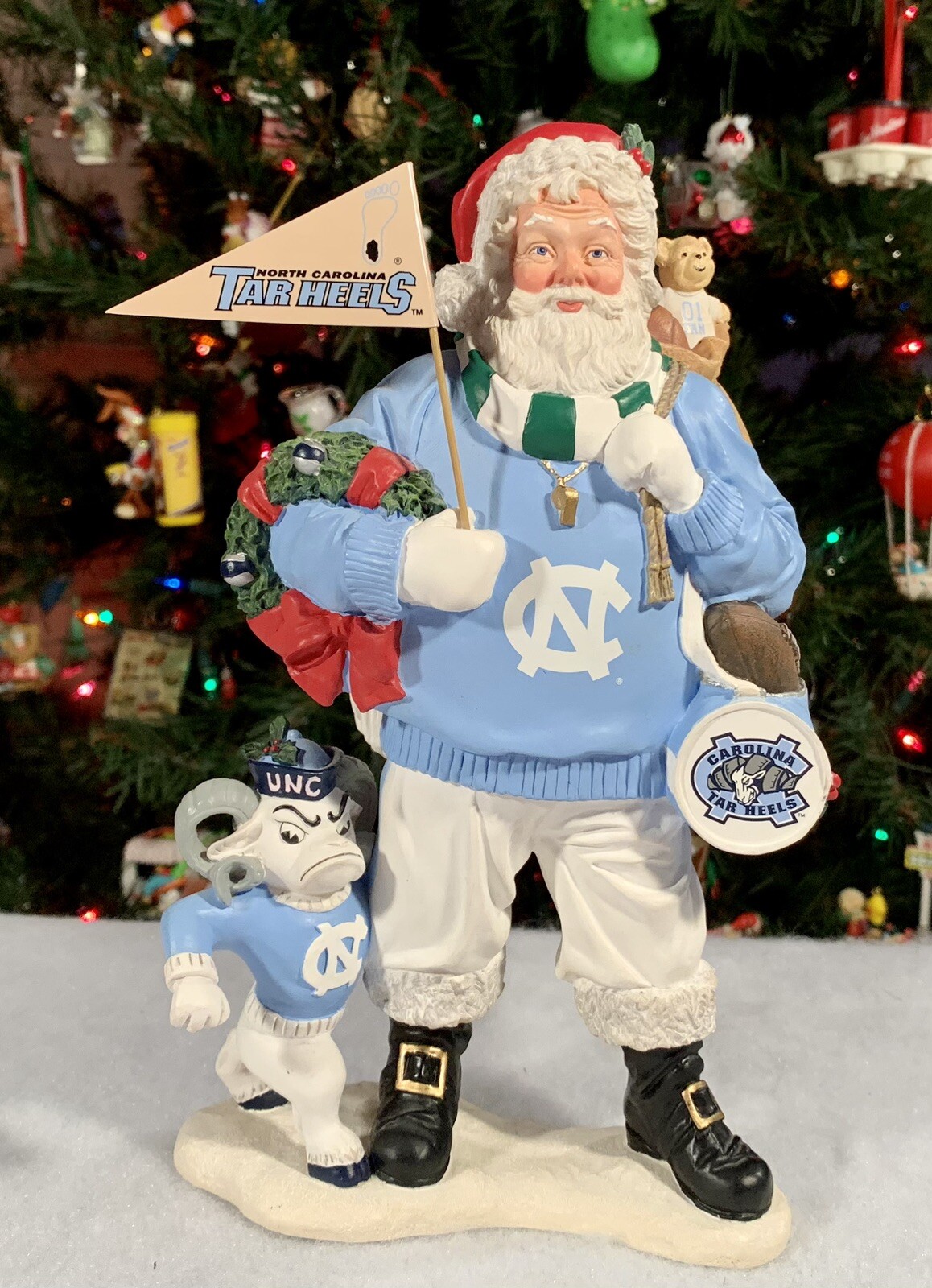 Danbury Mint UNC Carolina Tar Heels 9” SANTA & RAM MASCOT Christmas