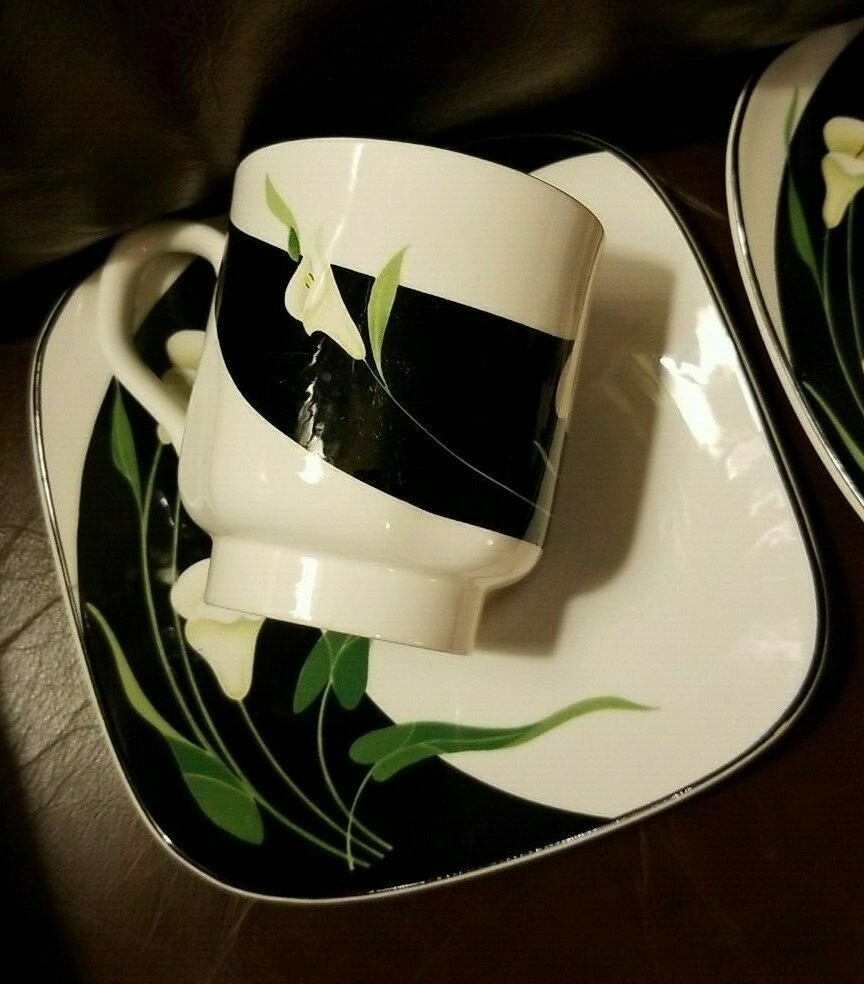 2 Vintage Sango Quadrille Black Lilies Semi-Porcelain Footed Cup
