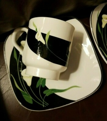 2 Vintage Sango Quadrille Black Lilies Semi-Porcelain Footed Cup