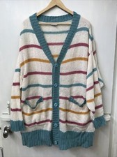 LuLaRoe LUCILLE SWEATER CARDIGAN AQUA PINK YELLOW STRIPES OVERSIZED POCKETS L