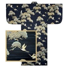 Japanese Yukata Kimono Robe Sash Belt 58" Cotton Pine Cranes Black Made in Japan