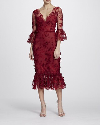 open lace back dress Marchesa Notte Embroidered Foiled Tea-Length Dress  Trs Chic