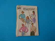 SIMPLICITY PATTERN 7855 MISSES' BLOUSE IN 5 VARIATIONS (1986) SIZES 6-8-10 UNCUT