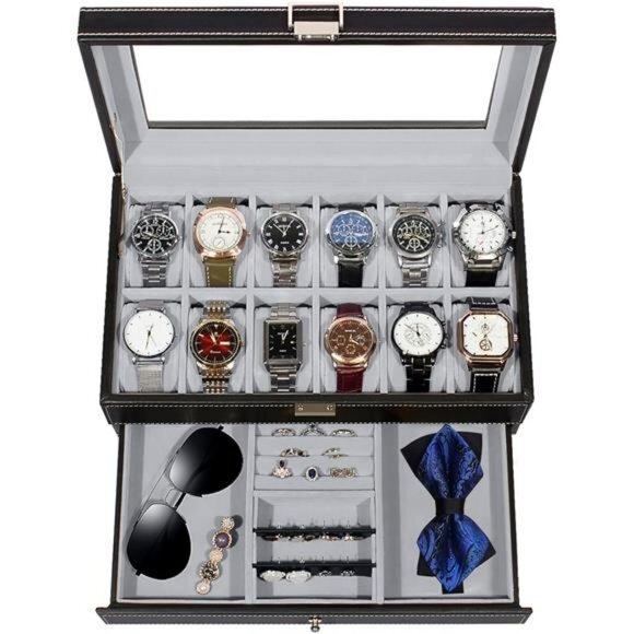12-Slot Leather Watch Box Organizer Drawer Jewelry Case for Men Gift